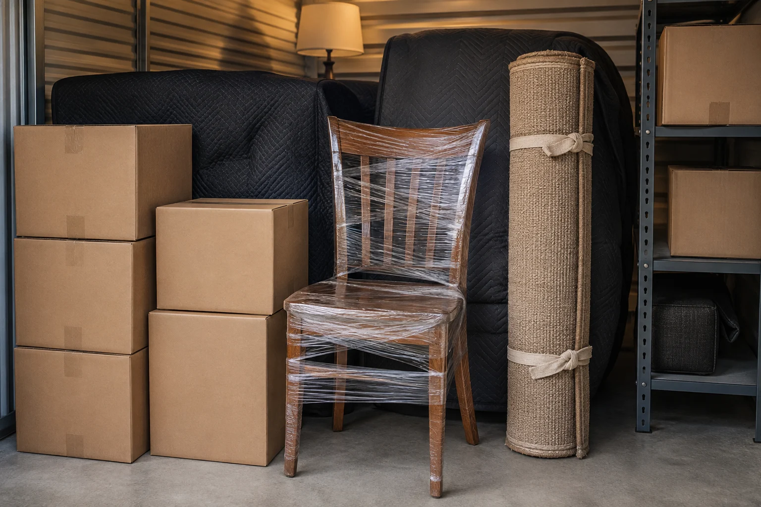 Wrapped furniture and boxes ready for storage
