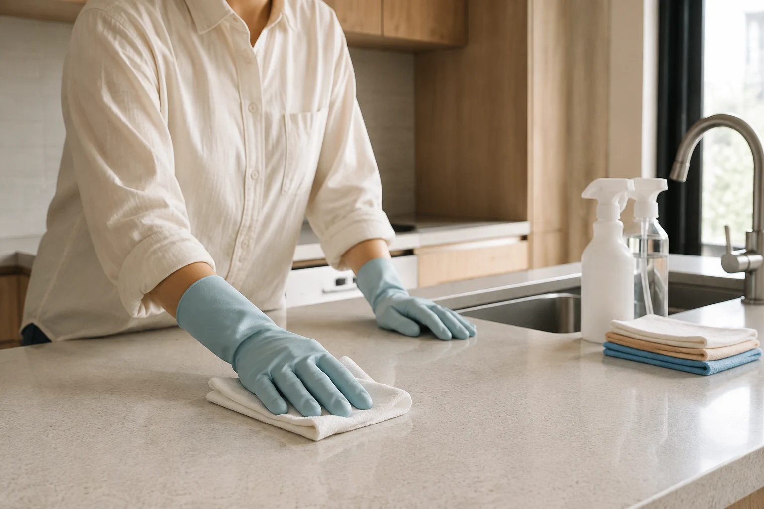 Cleaning a kitchen counter beside the sink