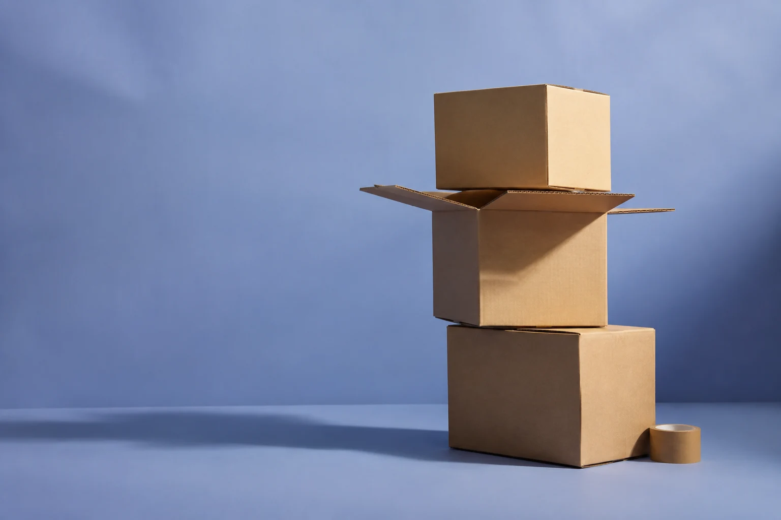 Open and closed cardboard moving boxes