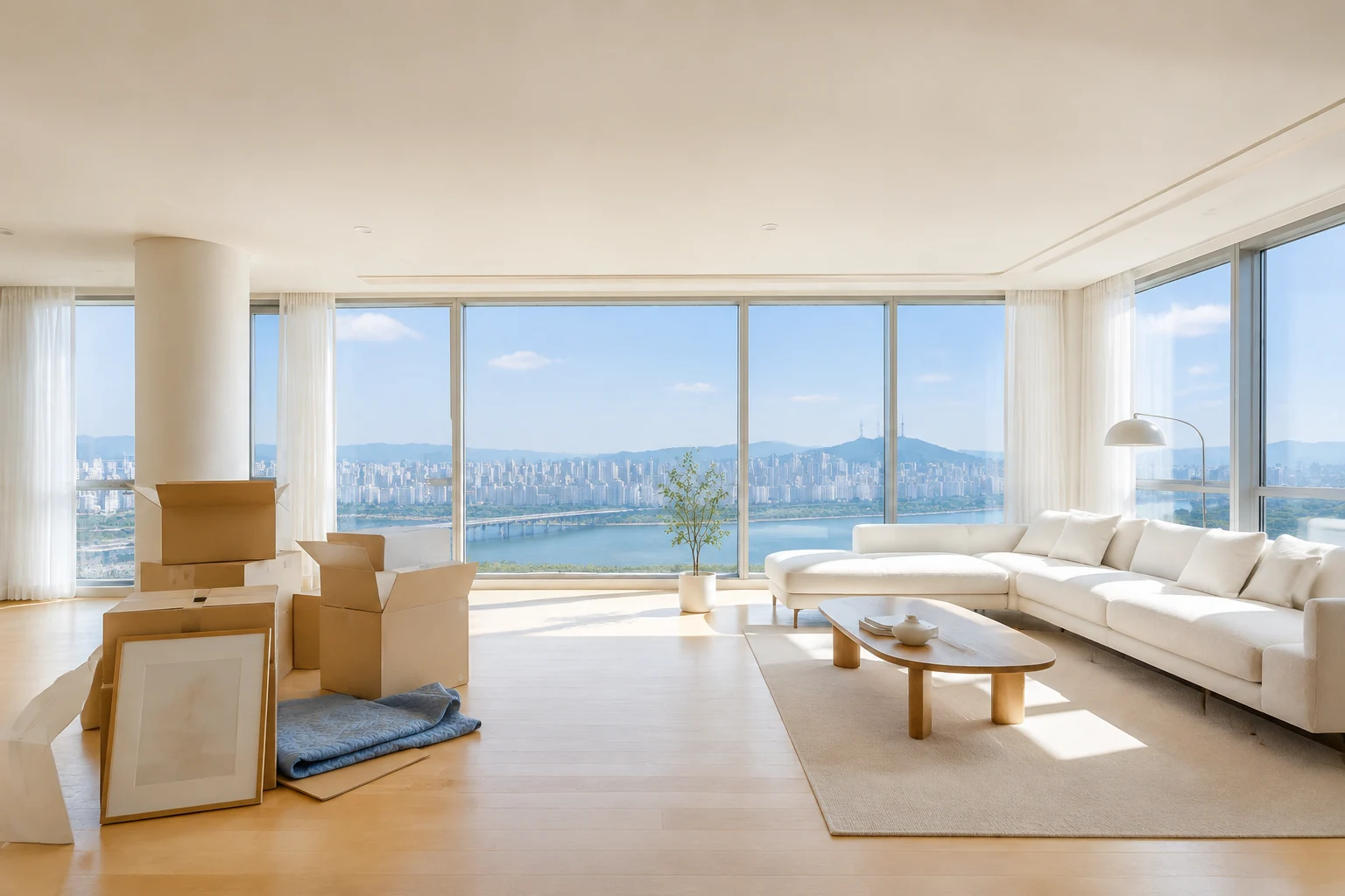 A bright apartment with furniture and moving boxes