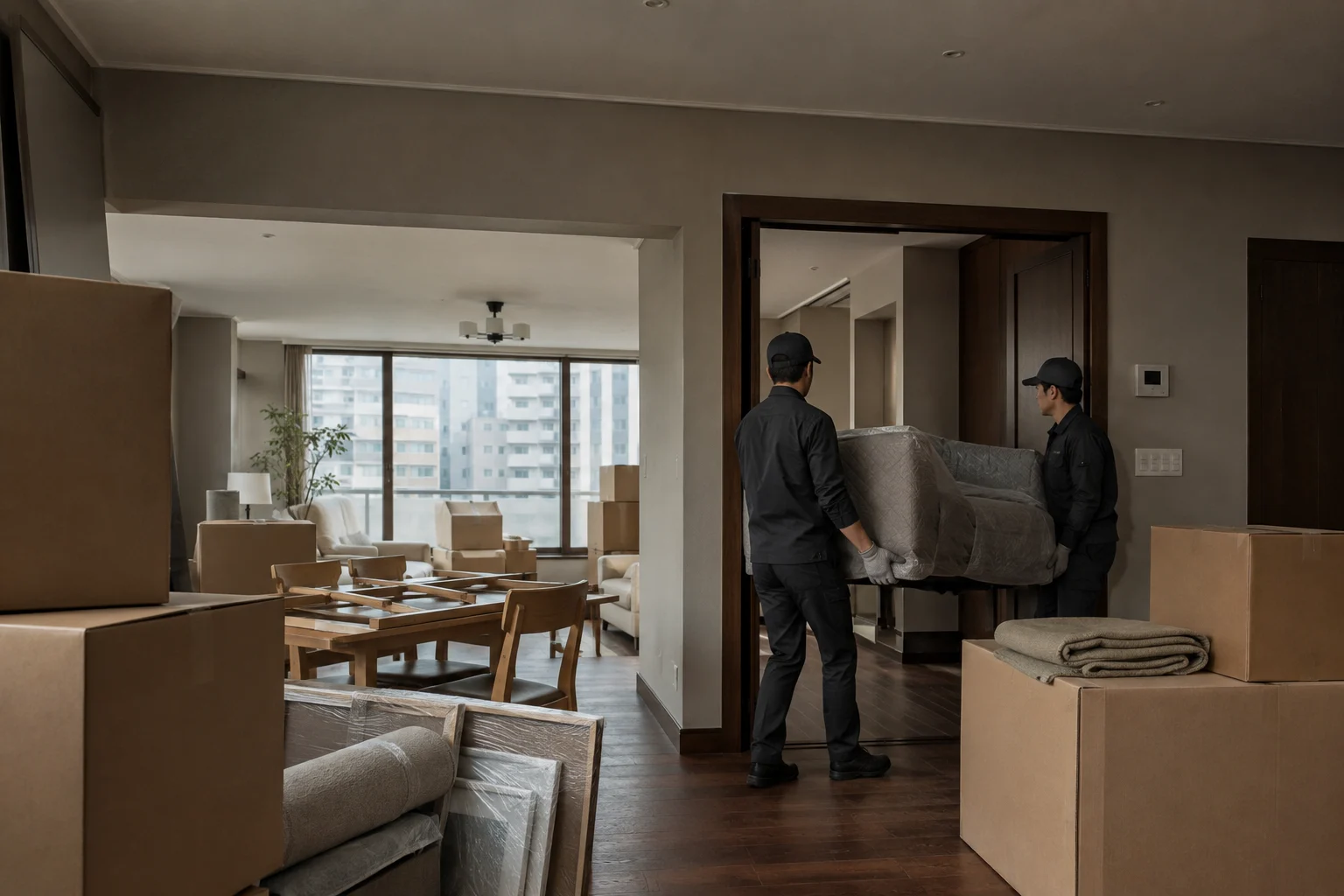 A moving crew carrying protected furniture