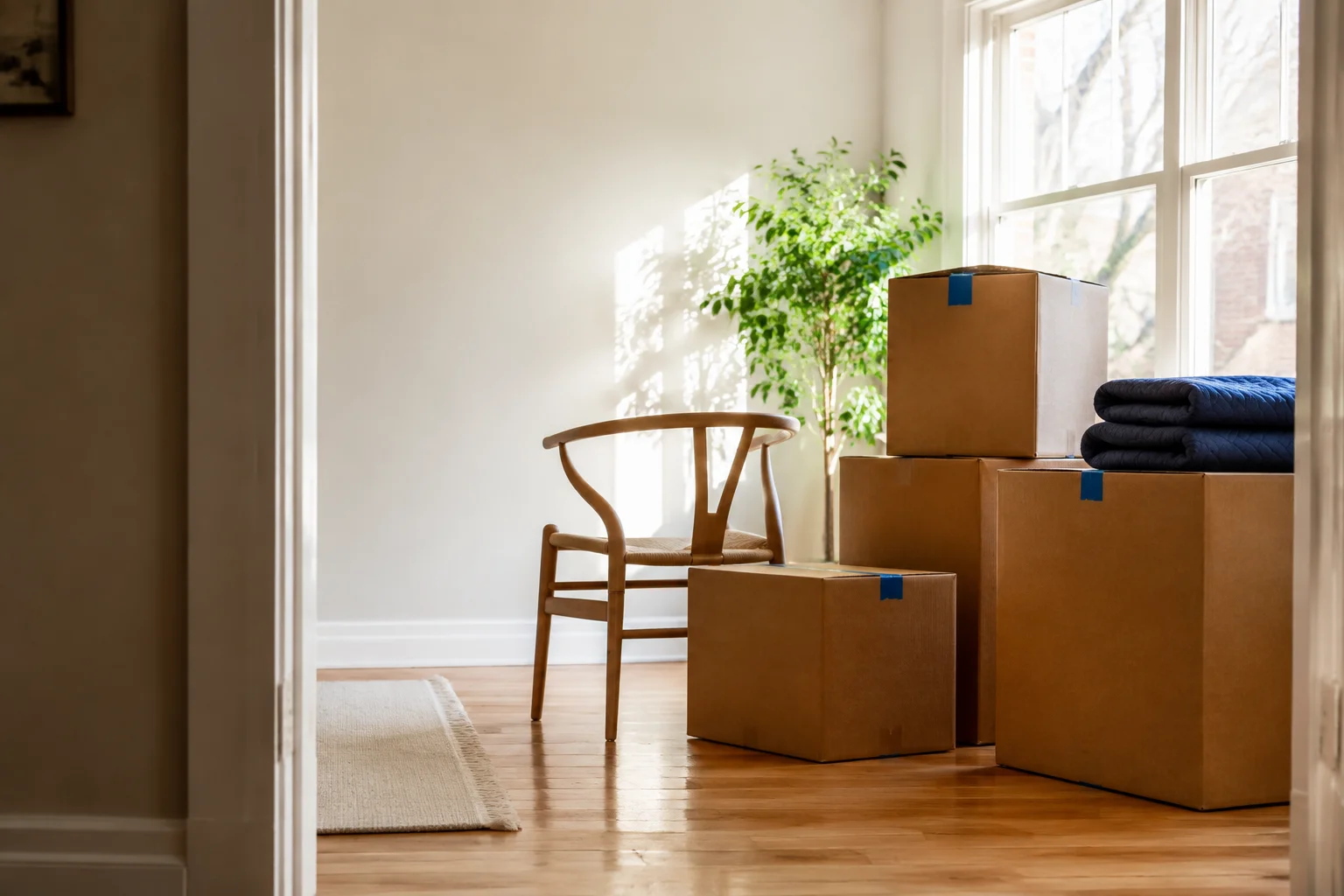 Packed moving boxes, a chair and a plant in a sunlit apartment