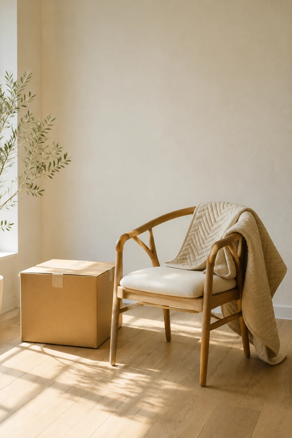 A chair and a box placed in a new home