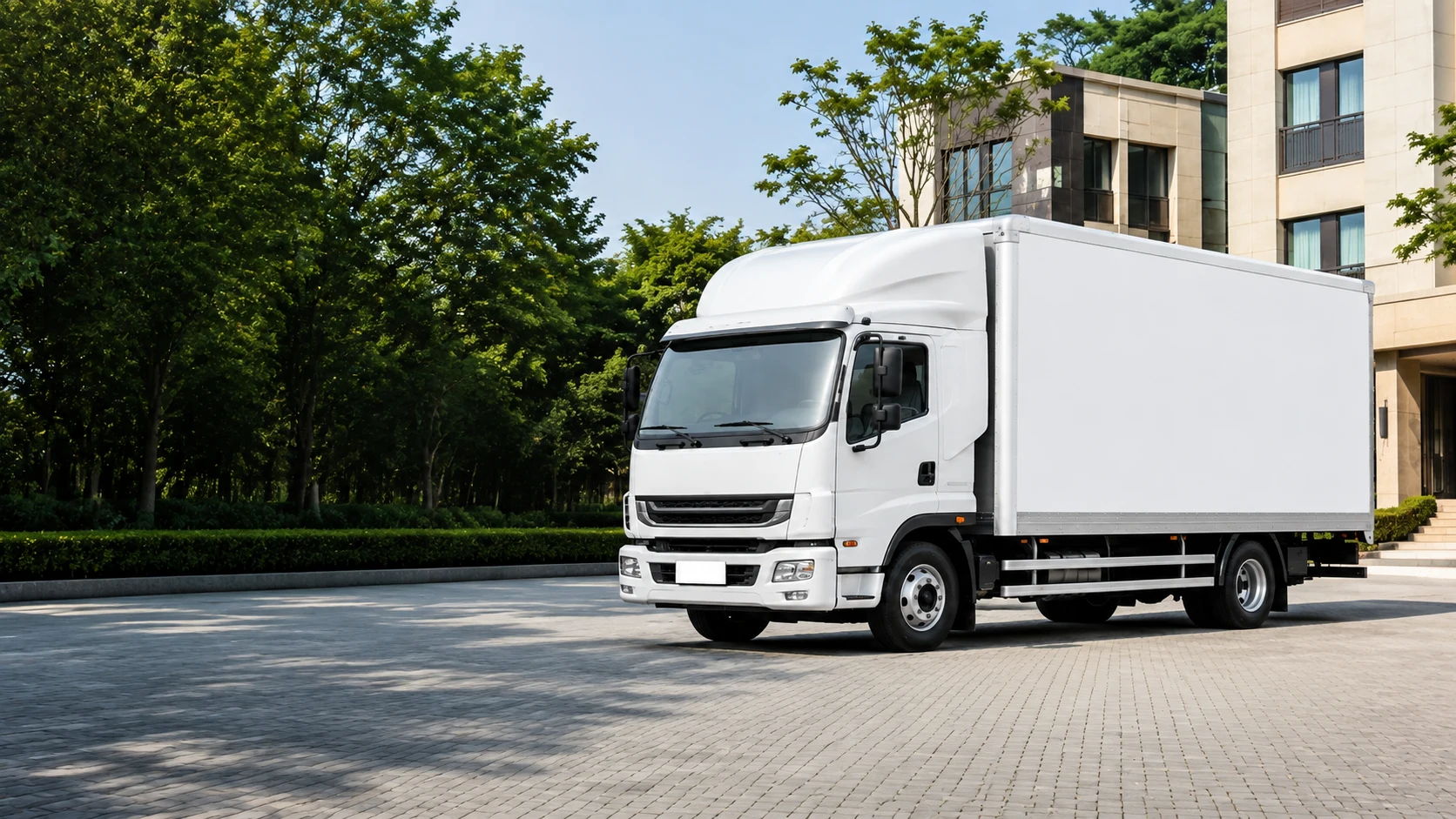 A large enclosed moving truck