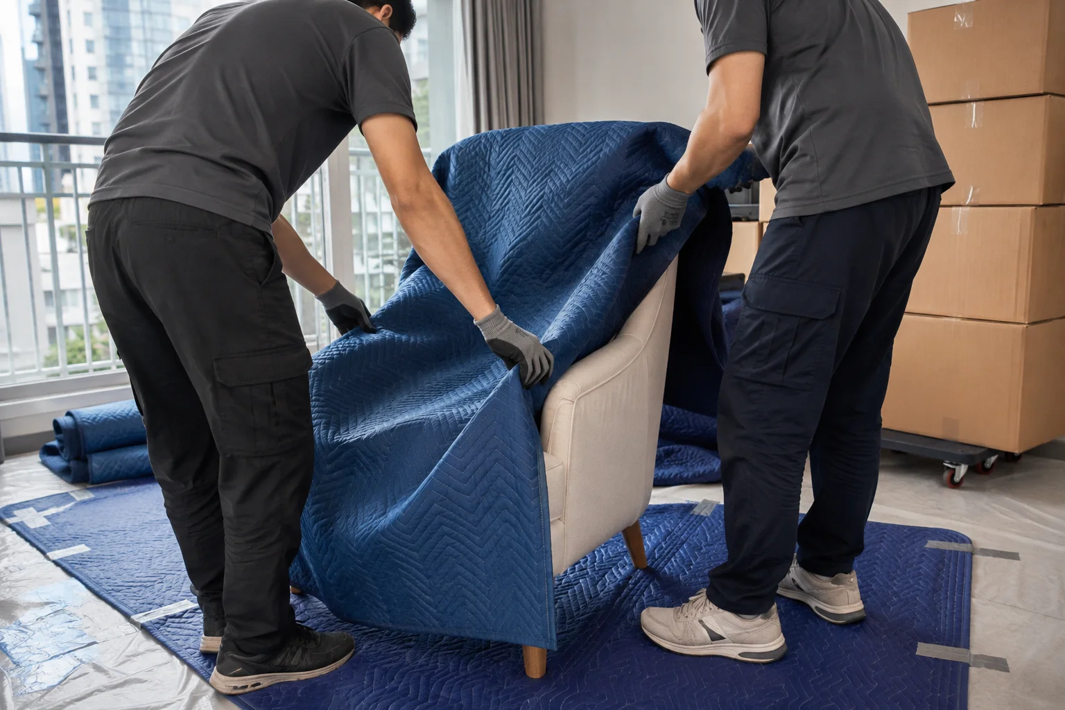 Protective blankets wrapped around an armchair