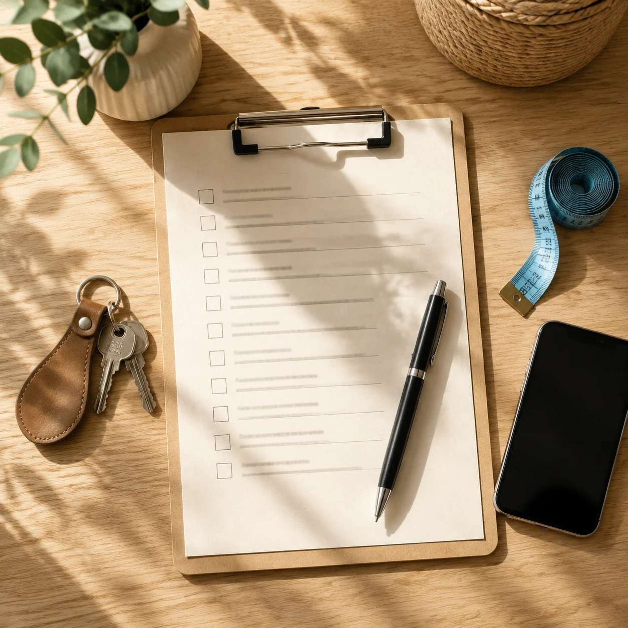 A checklist, keys and measuring tape on a desk