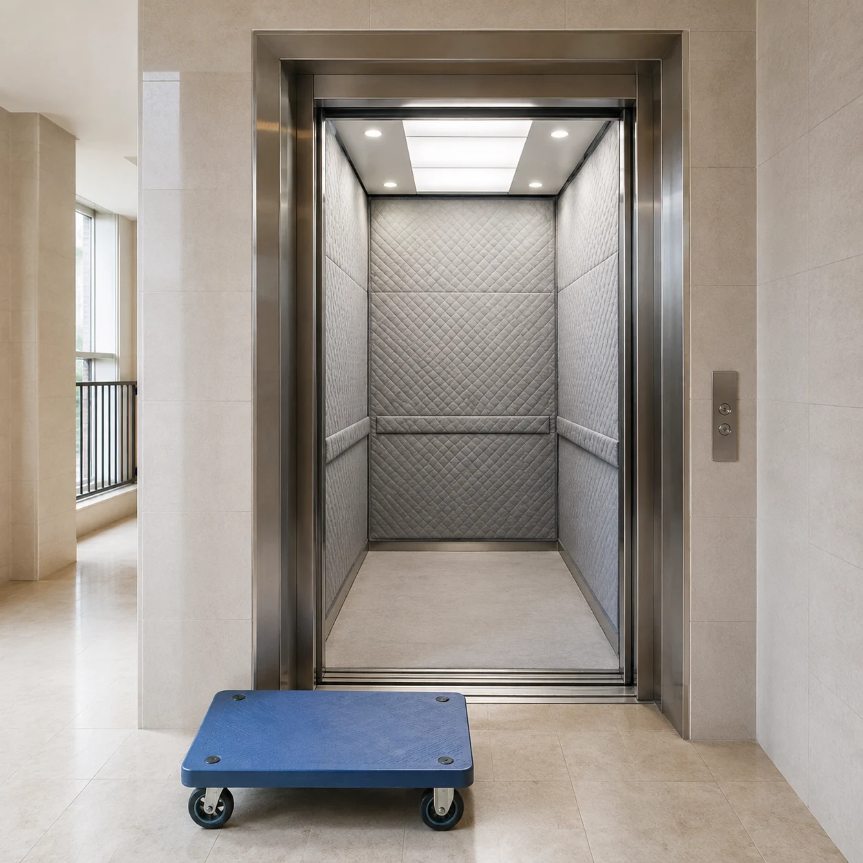 A protected elevator and a furniture trolley