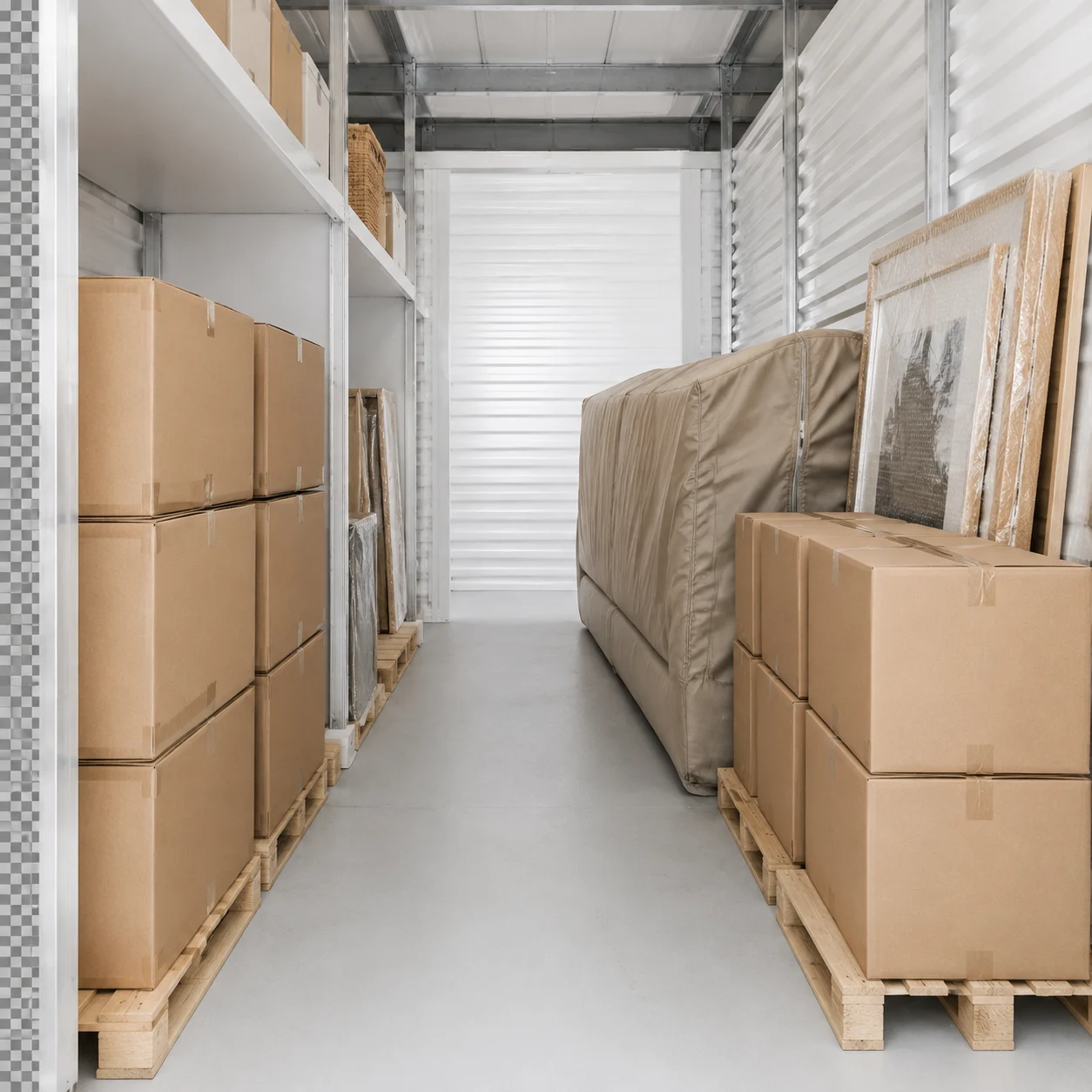 Boxes and protected furniture inside a storage unit