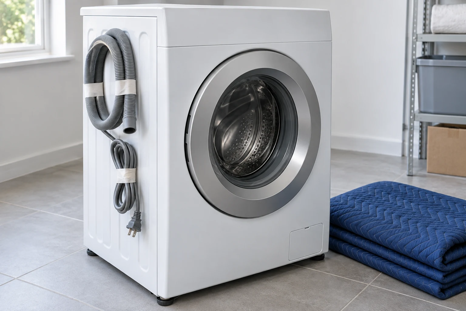 A washing machine with its hose and cord secured for a move
