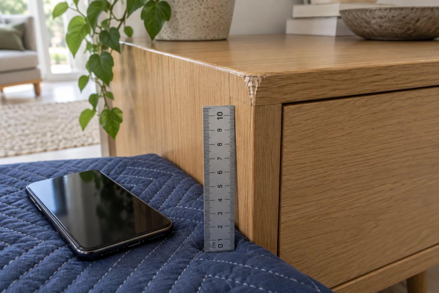 A ruler beside a scuffed furniture corner and a phone