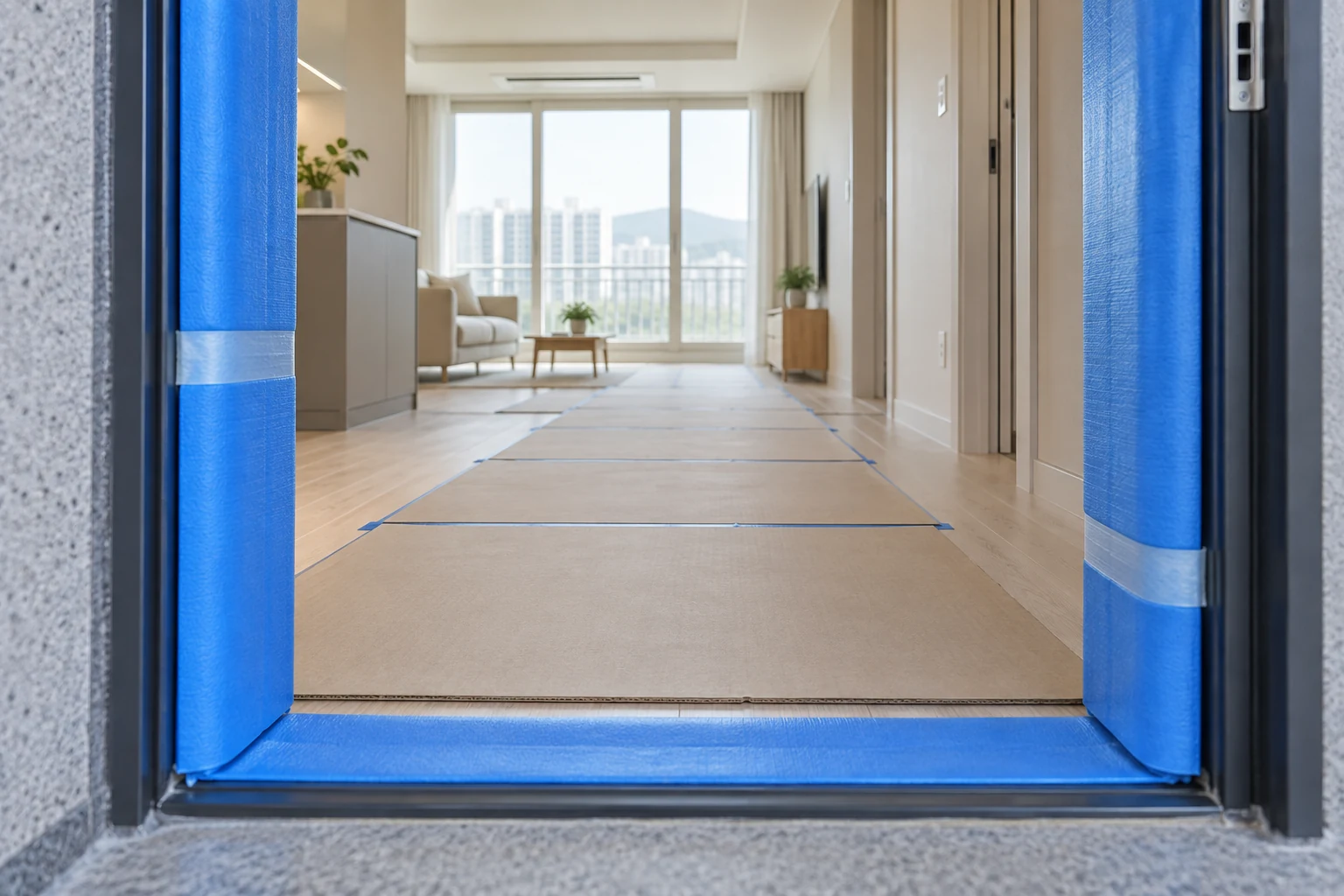 Protective boards and padded door frames along a moving route
