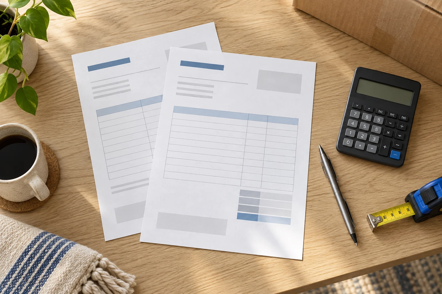 Estimate forms, a calculator and a measuring tape